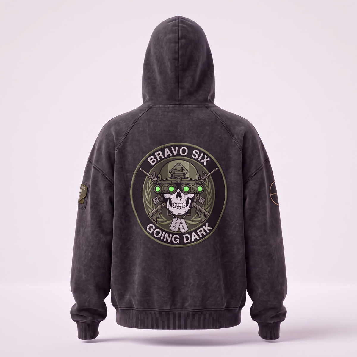 Back of the Respawn Hoodie with hood up and round night-vision skull emblem
