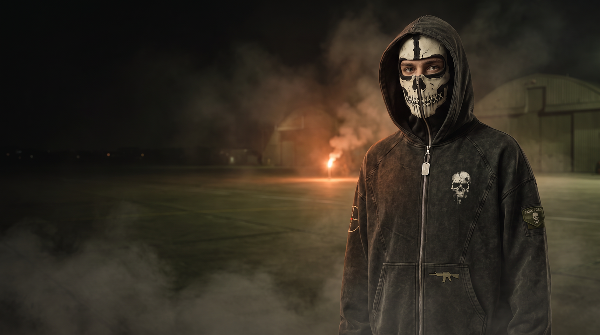 Operator in the Respawn Hoodie on a smoky airfield at night