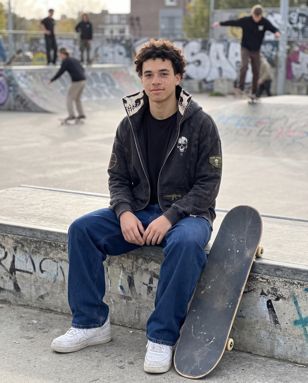 The Respawn Hoodie worn at a skate park